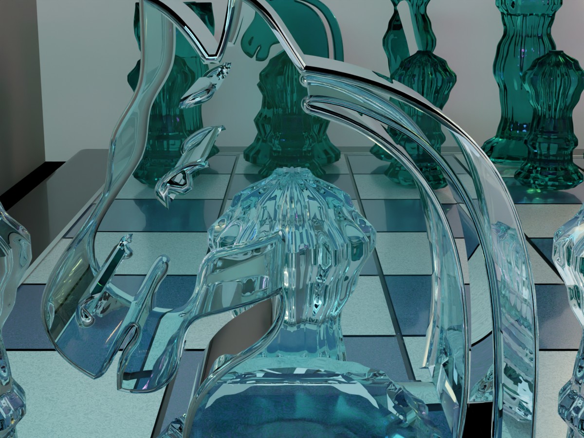 An iridescent glass chess set with light refracting through the pieces, rendered in Blender