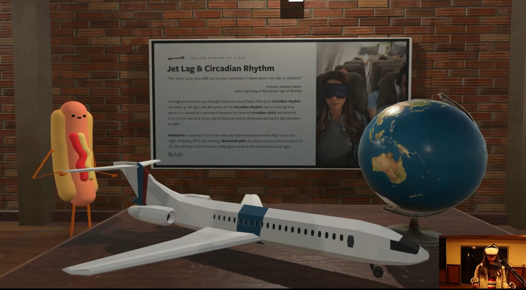 The Sleep Museum jet lag and circadian rhythm exhibit in VR, with a hot dog avatar, an airplane, and a globe